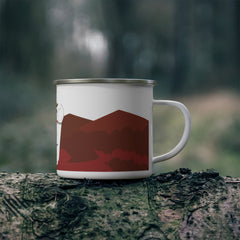Enamel mug with MATTU fox design, silver rim.
