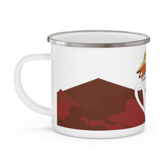Enamel mug with MATTU fox design, silver rim.