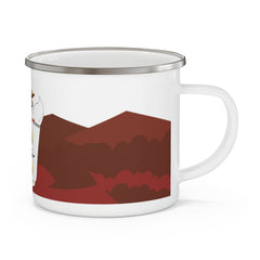 Enamel mug with MATTU fox design, silver rim.