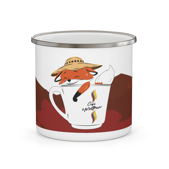 Enamel mug with MATTU fox design, silver rim.